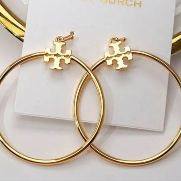 Tory Burch Gold Logo Hoop Earrings - Picture 2 of 3